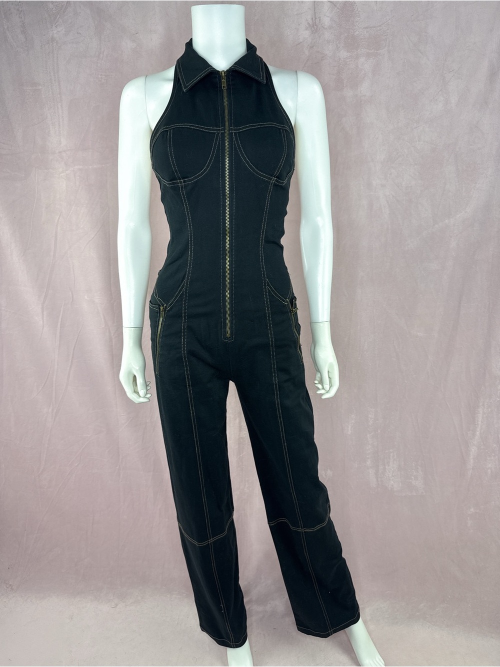 I AM GIA Womens Dark Blue Cotton Denim Jumpsuit Size XS Halter Open Back